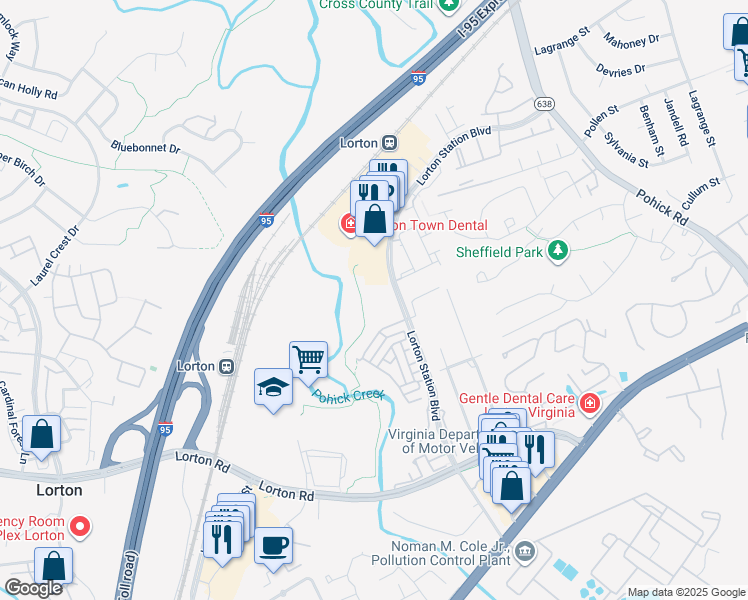 map of restaurants, bars, coffee shops, grocery stores, and more near 9044 Lorton Station Boulevard in Lorton