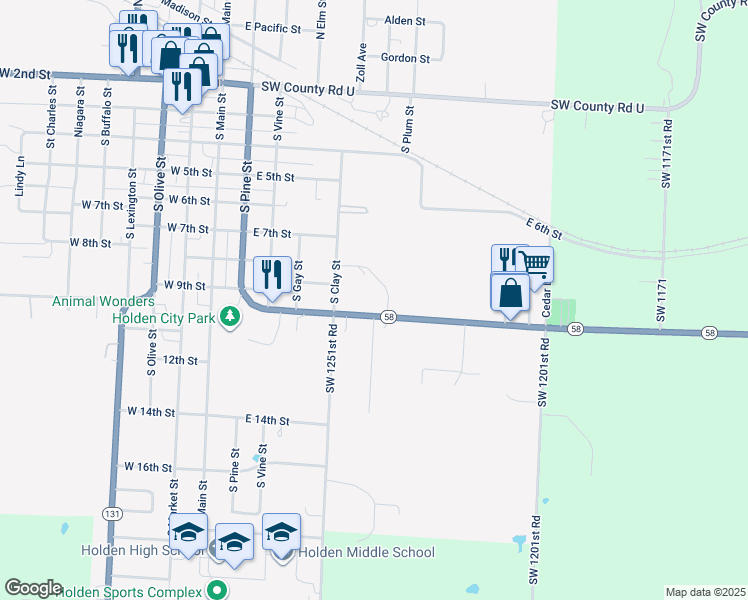map of restaurants, bars, coffee shops, grocery stores, and more near 600 East 10th Street in Holden
