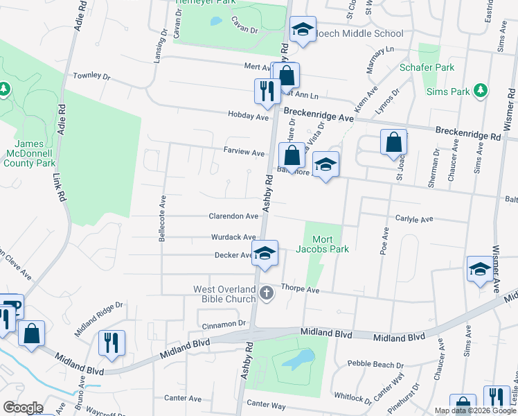 map of restaurants, bars, coffee shops, grocery stores, and more near 10521 Clarendon Avenue in St. Louis