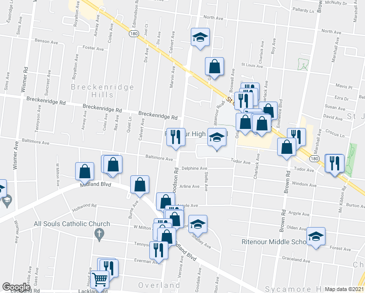 map of restaurants, bars, coffee shops, grocery stores, and more near 3004 Woodson Road in Breckenridge Hills