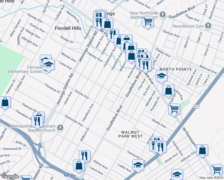 map of restaurants, bars, coffee shops, grocery stores, and more near 6355 Lena Avenue in Jennings