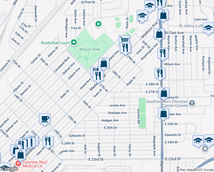 map of restaurants, bars, coffee shops, grocery stores, and more near 2706 Iowa Street in Granite City