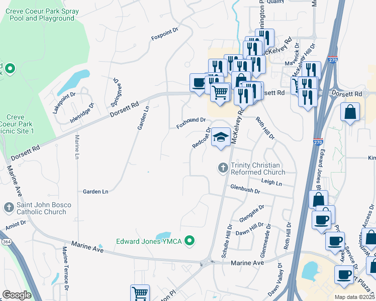 map of restaurants, bars, coffee shops, grocery stores, and more near 1775 Redcoat Drive in Maryland Heights