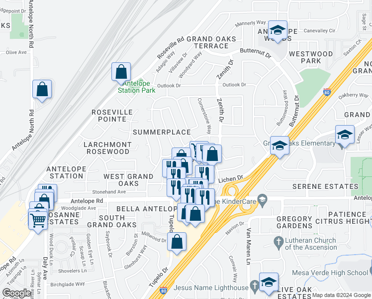 map of restaurants, bars, coffee shops, grocery stores, and more near 6440 Carmelwood Drive in Citrus Heights