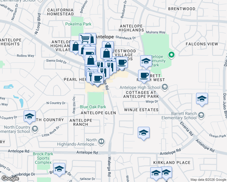 map of restaurants, bars, coffee shops, grocery stores, and more near 7840 Walerga Road in Antelope