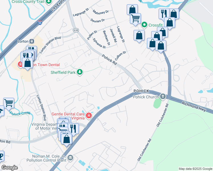 map of restaurants, bars, coffee shops, grocery stores, and more near 7522 Aspenpark Road in Lorton