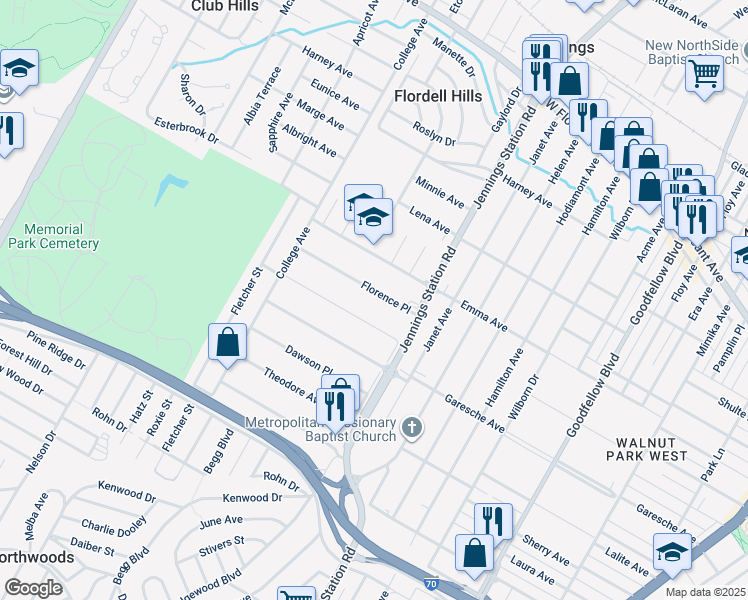 map of restaurants, bars, coffee shops, grocery stores, and more near 7032 Florence Place in Jennings