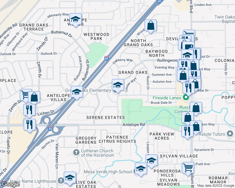 map of restaurants, bars, coffee shops, grocery stores, and more near 7901 Rosswood Drive in Citrus Heights