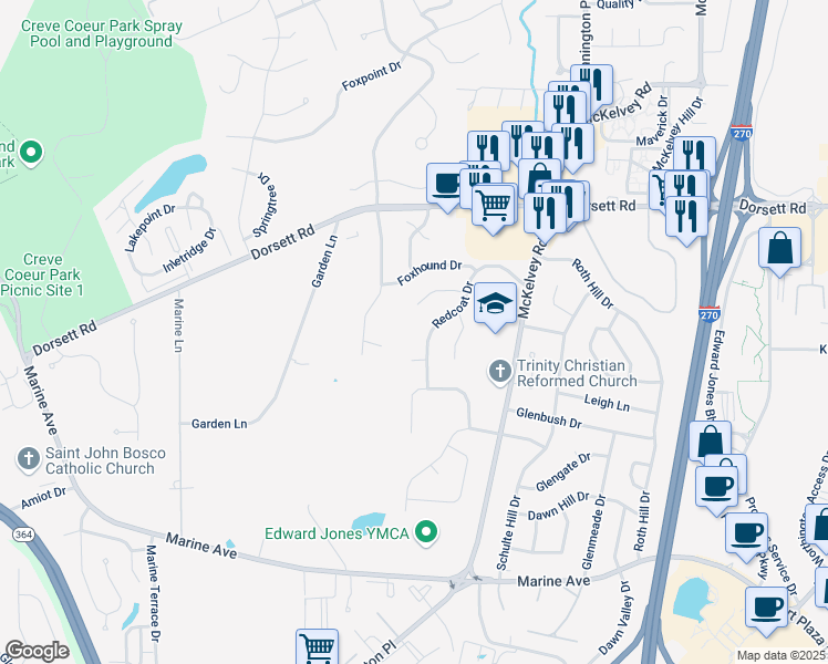 map of restaurants, bars, coffee shops, grocery stores, and more near 1775 Redcoat Drive in Maryland Heights