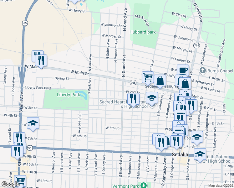 map of restaurants, bars, coffee shops, grocery stores, and more near 800-898 Wilkerson St in Sedalia