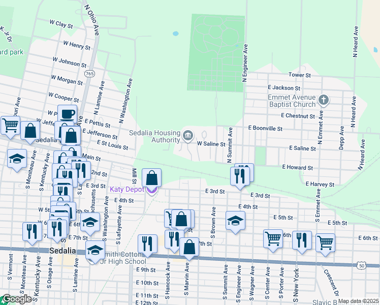 map of restaurants, bars, coffee shops, grocery stores, and more near 401 Welch Court in Sedalia