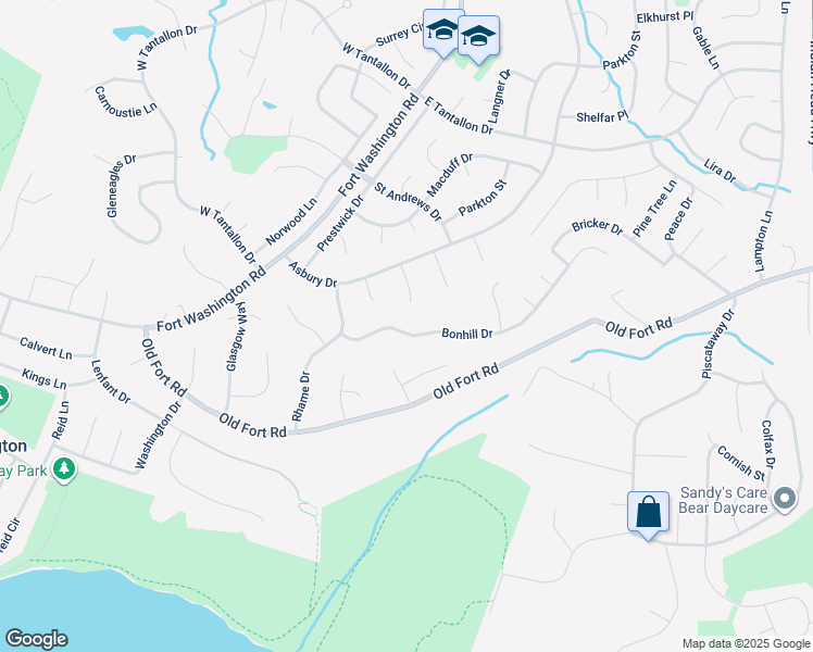 map of restaurants, bars, coffee shops, grocery stores, and more near 202 Bonhill Drive in Fort Washington