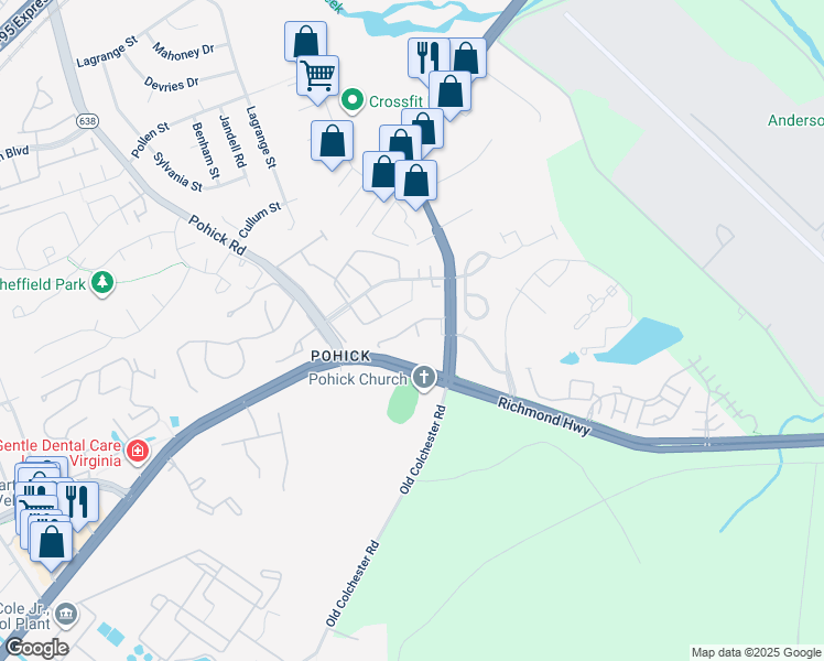 map of restaurants, bars, coffee shops, grocery stores, and more near 8106 Old Pohick Court in Lorton