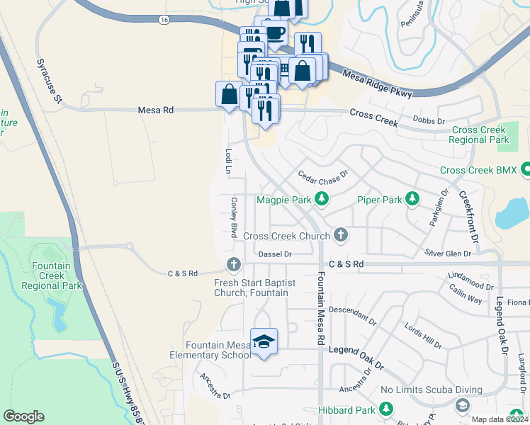 map of restaurants, bars, coffee shops, grocery stores, and more near 8330 Hurley Drive in Fountain