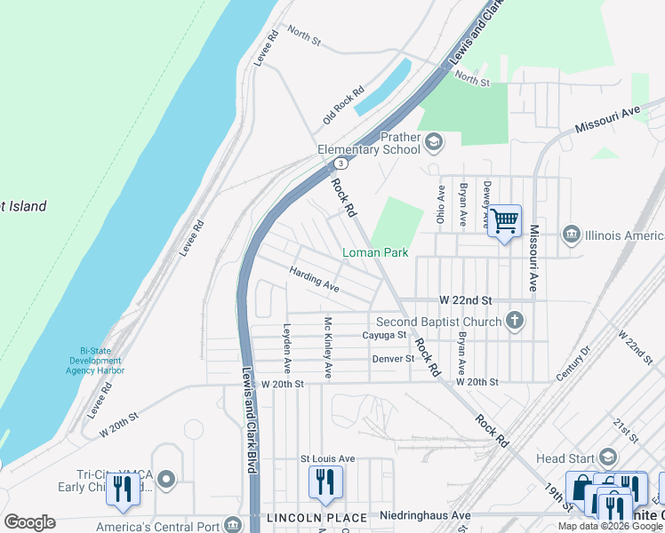 map of restaurants, bars, coffee shops, grocery stores, and more near 2749 Roosevelt Avenue in Granite City