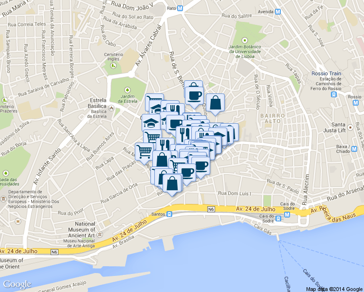 map of restaurants, bars, coffee shops, grocery stores, and more near 6 Rua Industriais in Lisbon