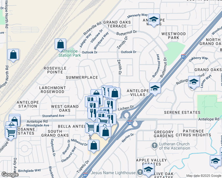 map of restaurants, bars, coffee shops, grocery stores, and more near 7943 Zenith Drive in Citrus Heights