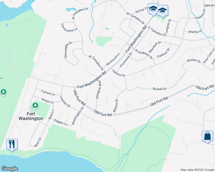 map of restaurants, bars, coffee shops, grocery stores, and more near 100 Macbarger Circle in Fort Washington