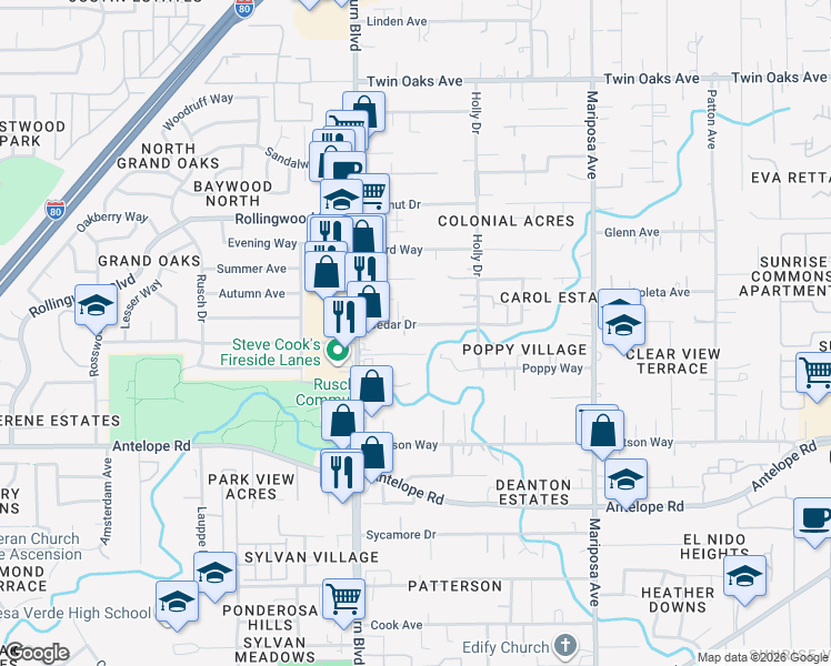 map of restaurants, bars, coffee shops, grocery stores, and more near 7545 Cripple Creek Road in Citrus Heights