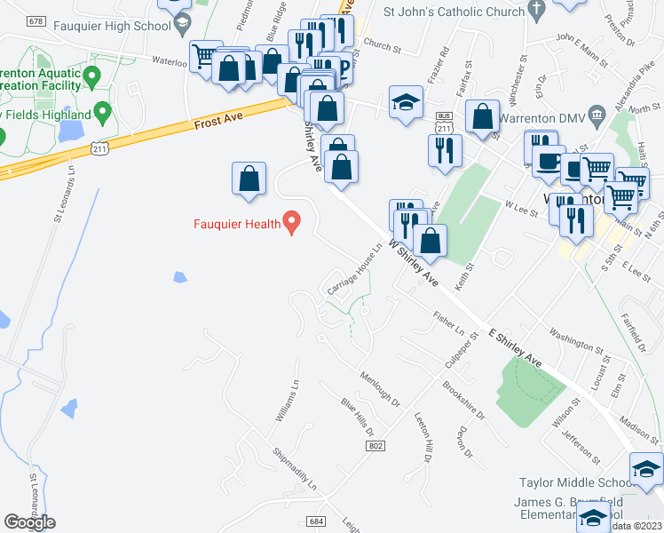 map of restaurants, bars, coffee shops, grocery stores, and more near 33 Sire Way in Warrenton