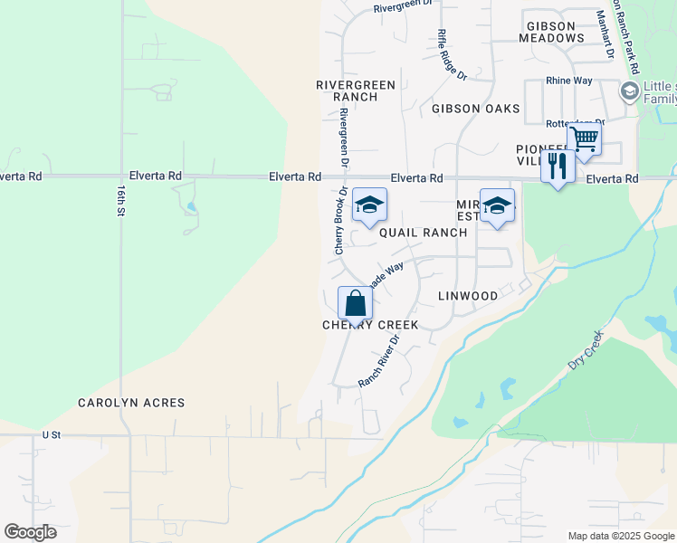 map of restaurants, bars, coffee shops, grocery stores, and more near 7841 Cherry Brook Drive in Elverta