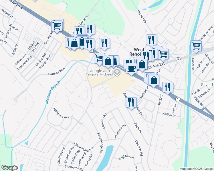 map of restaurants, bars, coffee shops, grocery stores, and more near 20218 Catherine Court in Rehoboth Beach