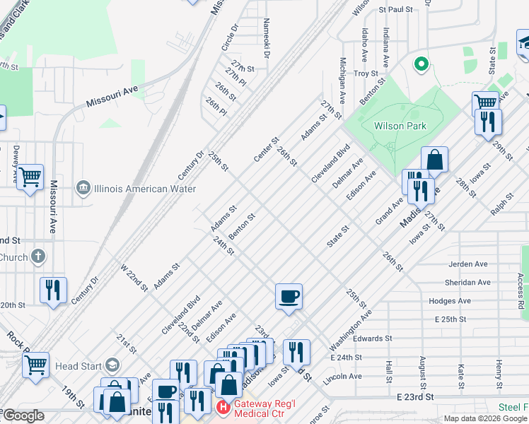 map of restaurants, bars, coffee shops, grocery stores, and more near 2455 Cleveland Boulevard in Granite City