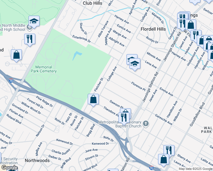 map of restaurants, bars, coffee shops, grocery stores, and more near 7163 Garesche Avenue in Saint Louis