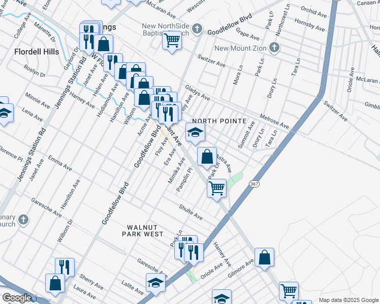 map of restaurants, bars, coffee shops, grocery stores, and more near 6085 West Florissant Avenue in St. Louis