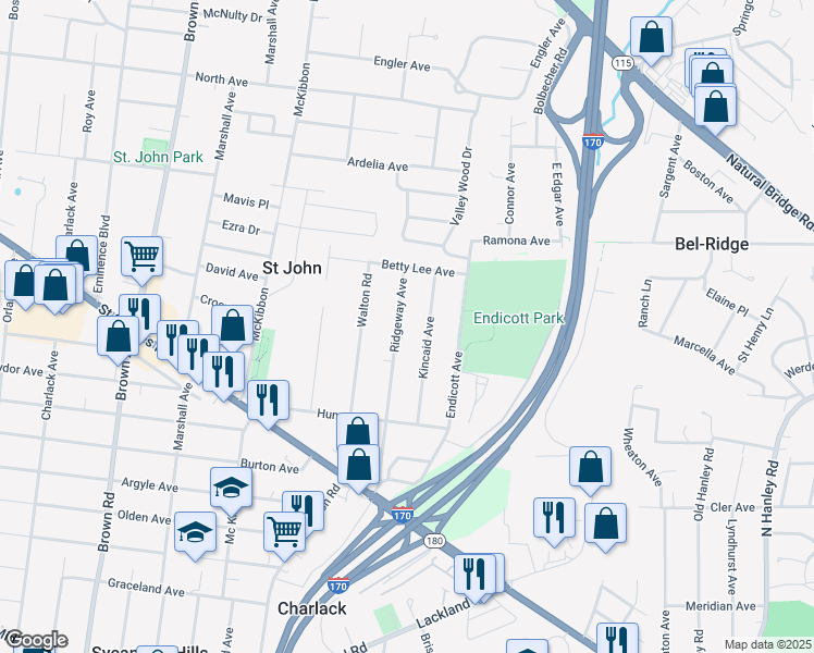 map of restaurants, bars, coffee shops, grocery stores, and more near 2984 Ridgeway Avenue in Saint Louis