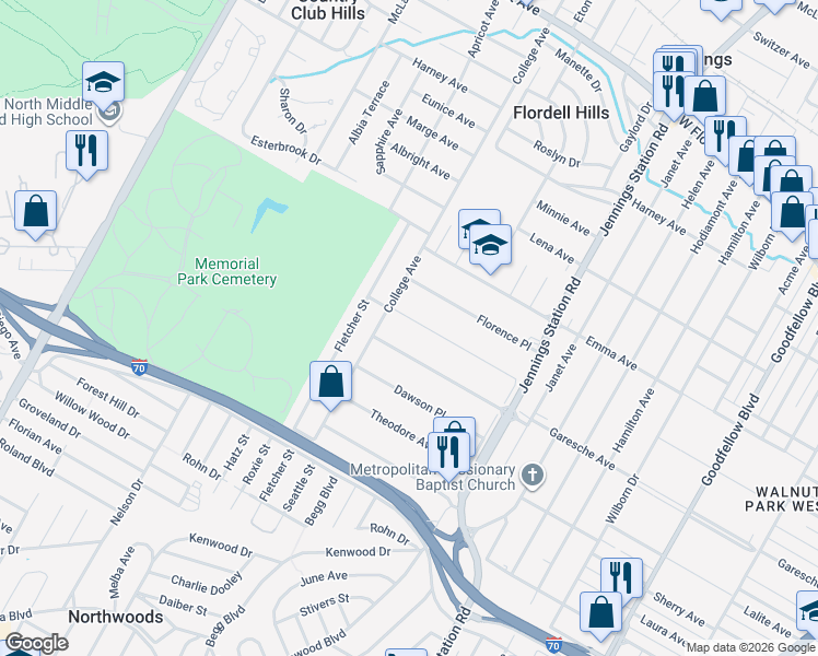 map of restaurants, bars, coffee shops, grocery stores, and more near 7141 Garesche Avenue in Jennings