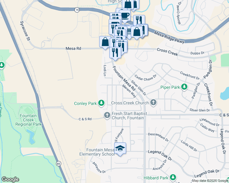 map of restaurants, bars, coffee shops, grocery stores, and more near 2350 Conley Boulevard in Fountain