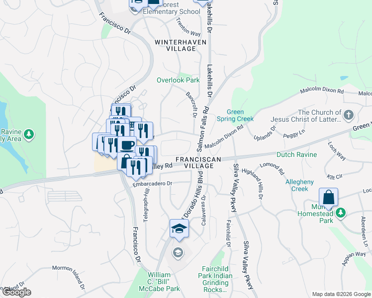 map of restaurants, bars, coffee shops, grocery stores, and more near 2118 Bates Circle in El Dorado Hills