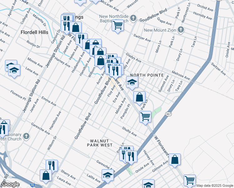 map of restaurants, bars, coffee shops, grocery stores, and more near 5727 Era Avenue in St. Louis