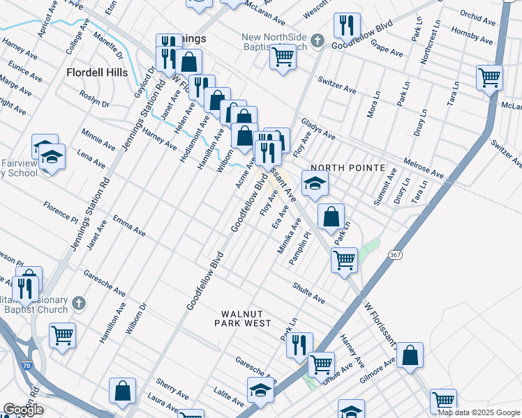 map of restaurants, bars, coffee shops, grocery stores, and more near 5731 Floy Avenue in St. Louis
