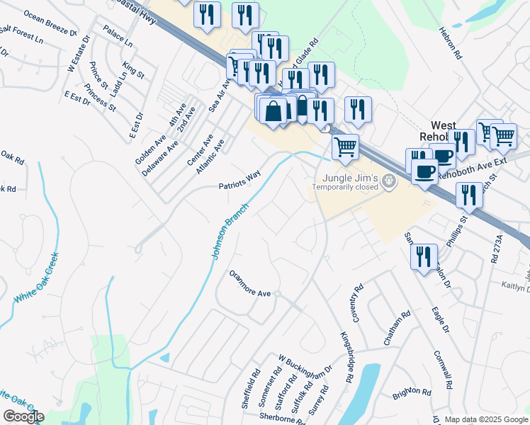 map of restaurants, bars, coffee shops, grocery stores, and more near 17691 Garden Path in Rehoboth Beach