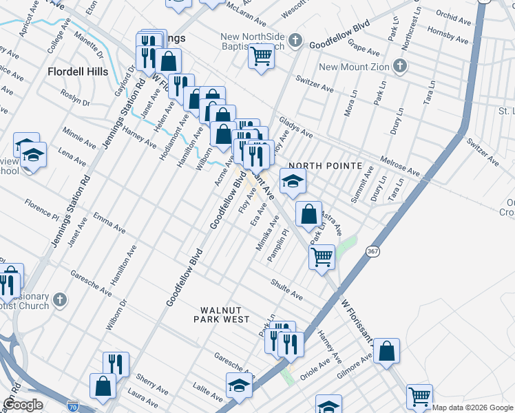 map of restaurants, bars, coffee shops, grocery stores, and more near 5727 Era Avenue in St. Louis