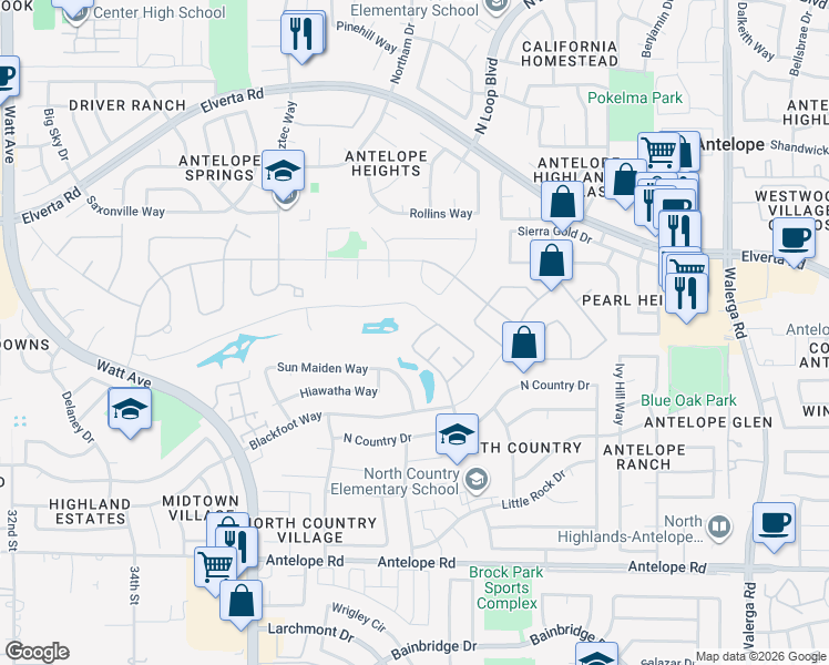 map of restaurants, bars, coffee shops, grocery stores, and more near 3643-3699 Sun Maiden Way in Sacramento
