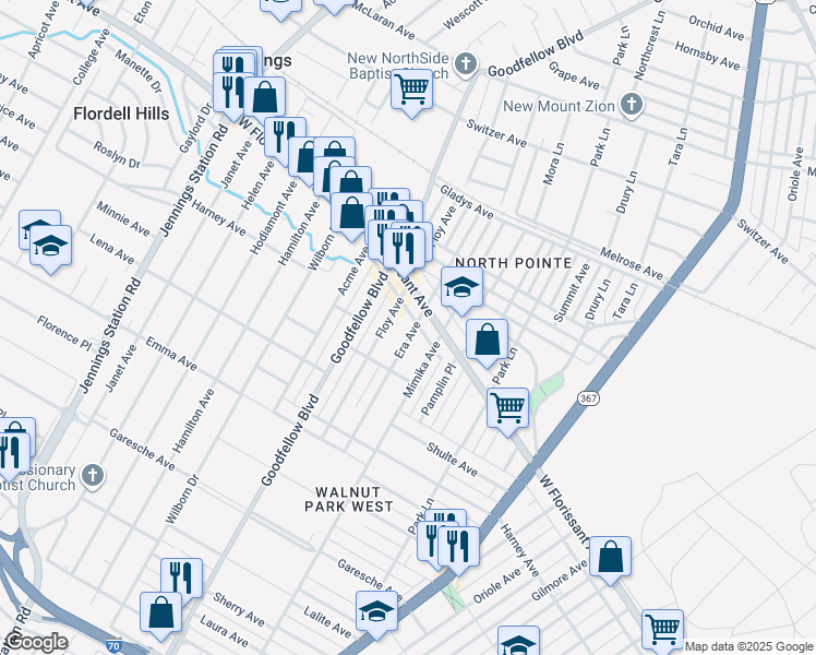 map of restaurants, bars, coffee shops, grocery stores, and more near 5727 Era Avenue in St. Louis