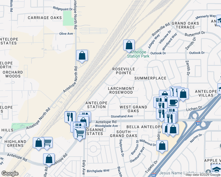map of restaurants, bars, coffee shops, grocery stores, and more near 7947 Katella Way in Citrus Heights