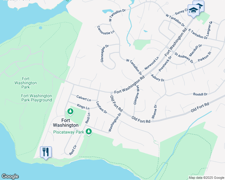 map of restaurants, bars, coffee shops, grocery stores, and more near 13121 Fort Washington Road in Fort Washington