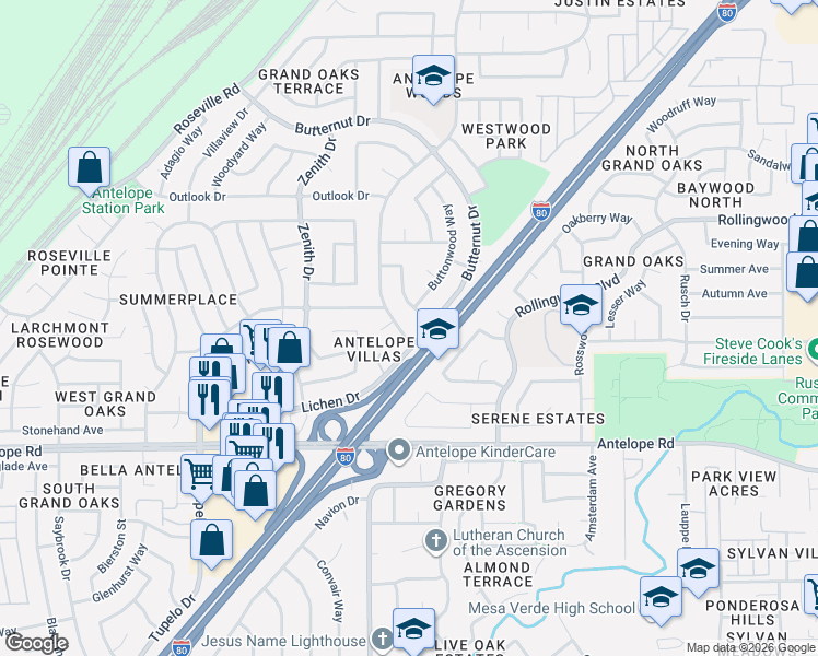 map of restaurants, bars, coffee shops, grocery stores, and more near 8007 Butternut Drive in Citrus Heights