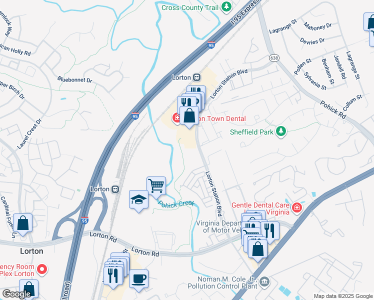 map of restaurants, bars, coffee shops, grocery stores, and more near 9036 Lorton Station Boulevard in Lorton