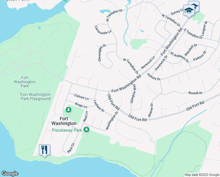 map of restaurants, bars, coffee shops, grocery stores, and more near 13121 Fort Washington Road in Fort Washington