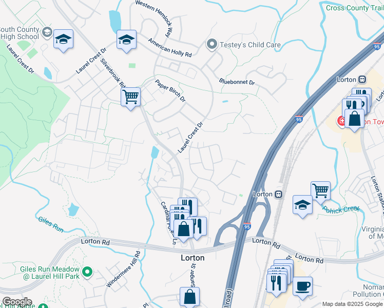 map of restaurants, bars, coffee shops, grocery stores, and more near 9059 Furey Road in Lorton