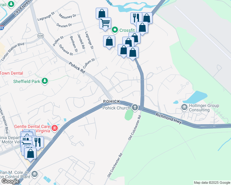 map of restaurants, bars, coffee shops, grocery stores, and more near 7415 Rhondda Drive in Lorton