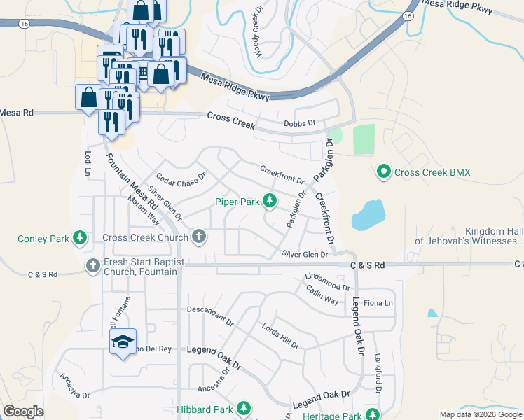 map of restaurants, bars, coffee shops, grocery stores, and more near 8343 Shadow Run Lane in Fountain