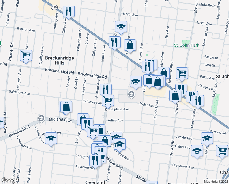map of restaurants, bars, coffee shops, grocery stores, and more near 3004 Woodson Road in Breckenridge Hills