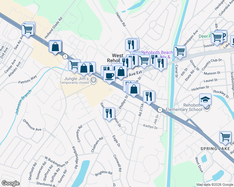 map of restaurants, bars, coffee shops, grocery stores, and more near 36 Rehoboth Beach Gardens in Rehoboth Beach