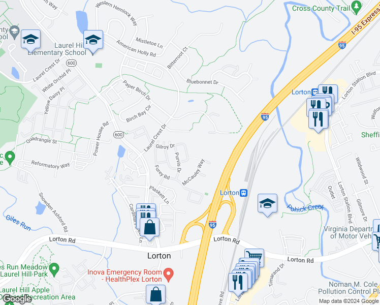 map of restaurants, bars, coffee shops, grocery stores, and more near 8118 Gilroy Drive in Lorton